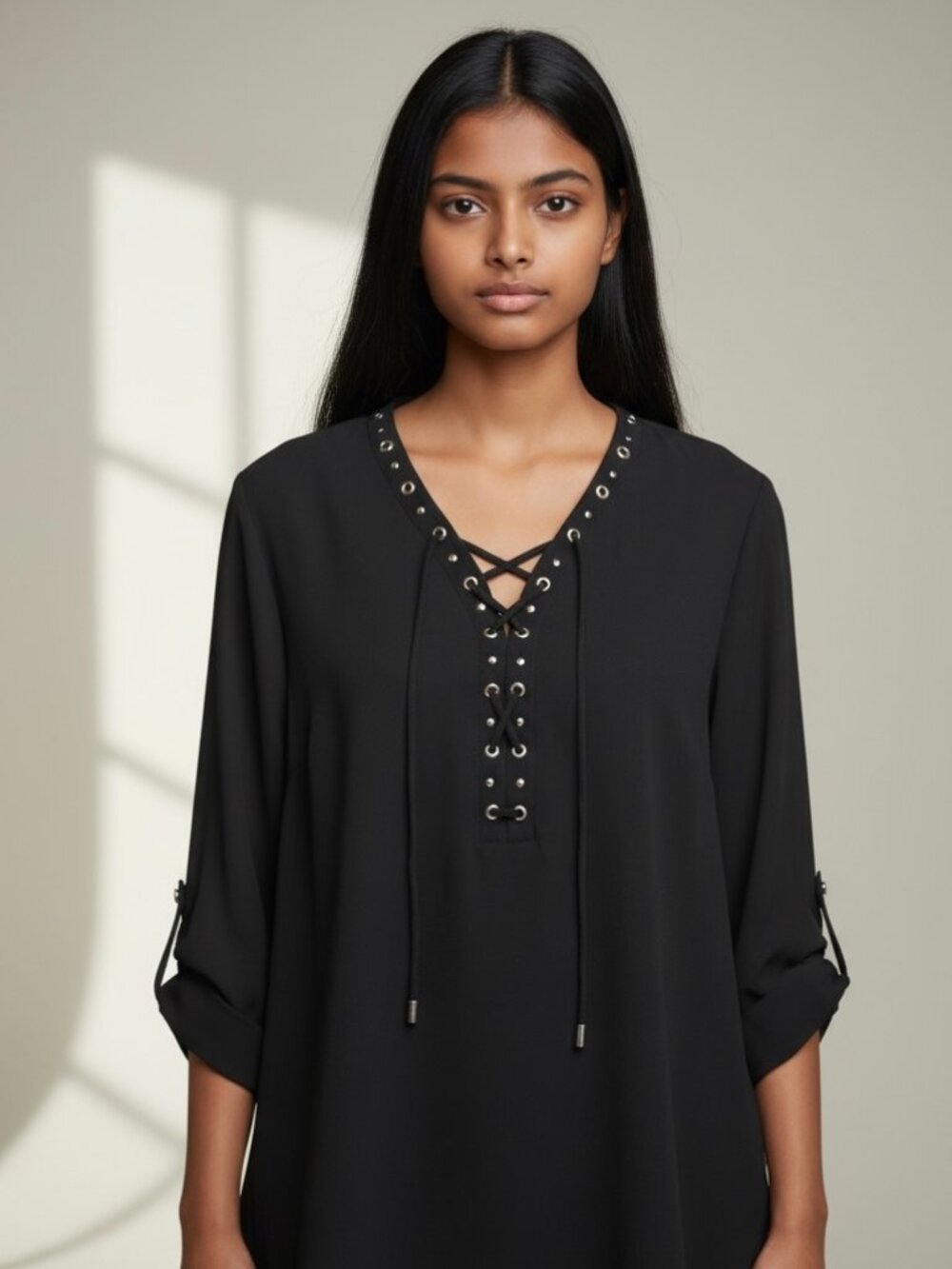 JM Collection Black Lace-Up Grommet Rhinestone Tunic Blouse Size Small